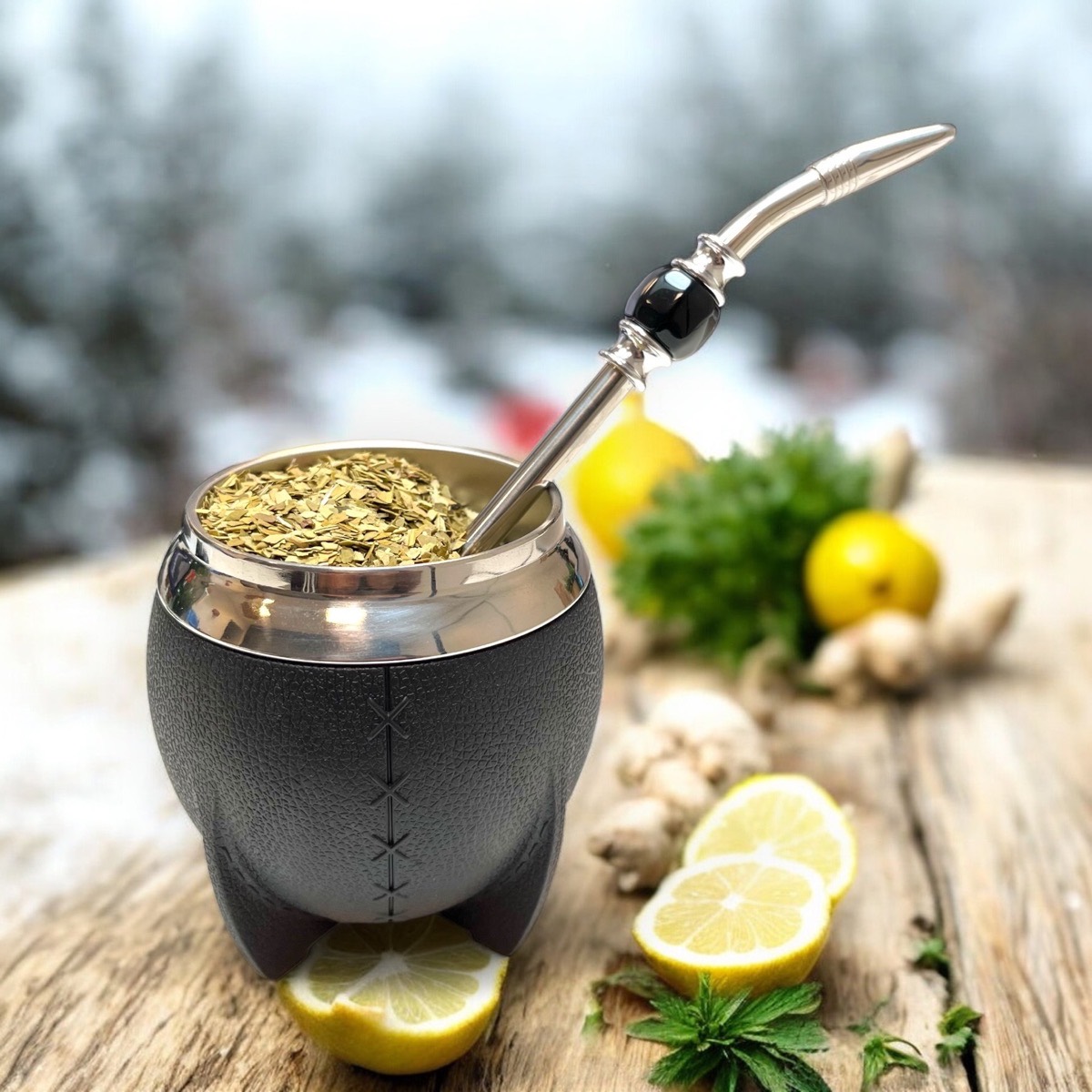 Calebasse noire (inox, cuir noir) + bombilla