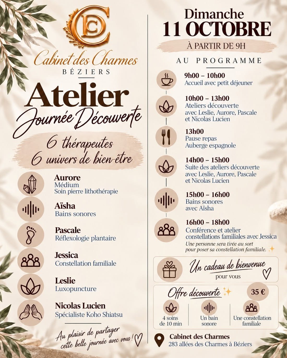 Programme de la journée découverte du Cabinet des Charmes à Béziers le 11 octobre 2026